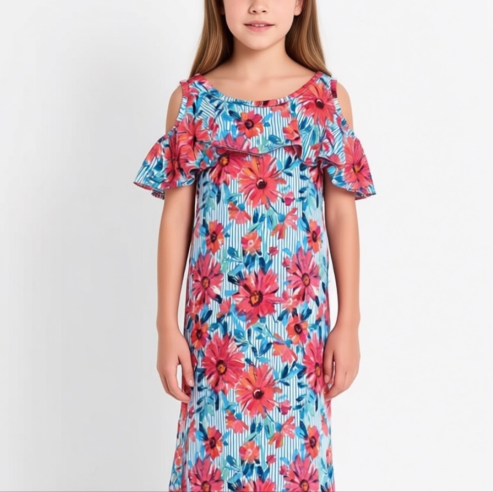 1st Kiss Blue and Pink Floral Cold Shoulder Dress